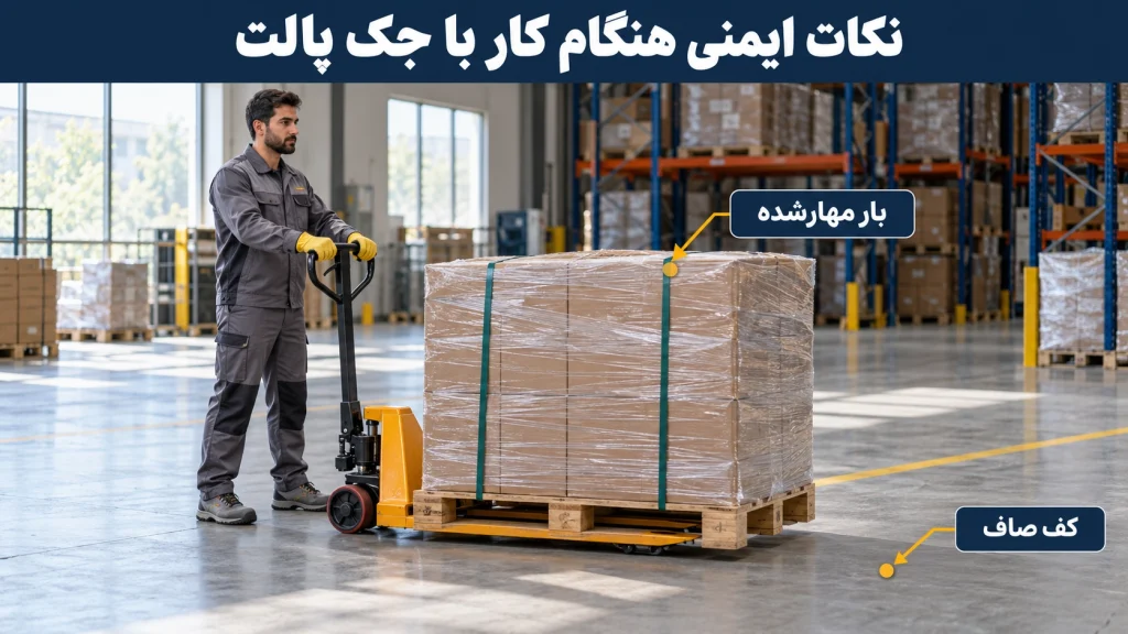  اپراتور با کفش ایمنی و دستکش، جک پالت را با بار مهارشده روی کف صاف هدایت می‌کند