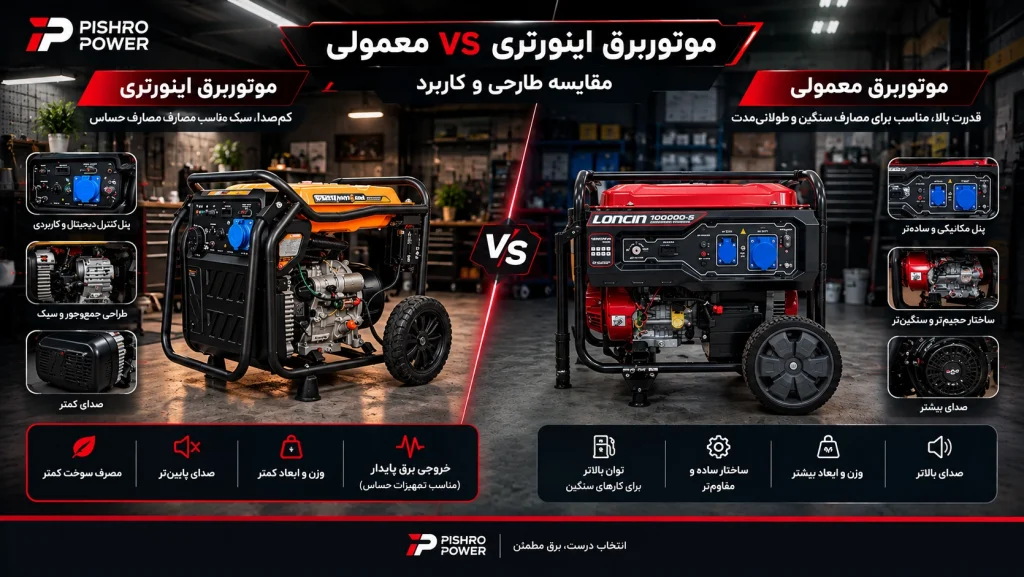 موتوربرق برای گیمنت؛ راهنمای انتخاب توان، محاسبه مصرف و مقایسه با UPS 5 مقایسه موتوربرق اینورتری و معمولی